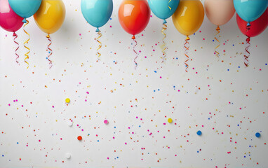 Colorful 3D balloons with confetti on a white background.