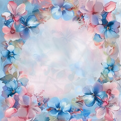 pink and blue background with flowers in soft colors, watercolour, round frame