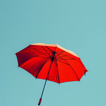 Red umbrella against blue sky background, floating in the air