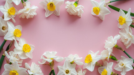 White daffodils on a pink background.