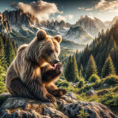 A bear sits on a rock in a mountainous forest. The bear has its tongue out and its paws are in...