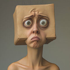 3D rendering of a human head with a cardboard box on it