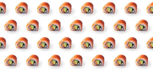 Sushi minimal pattern on white backdrop isolated. Seamless background AI graphic.