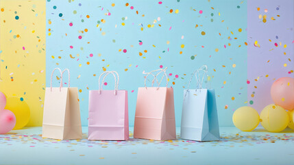 Shopping bags in pastel colors with confetti and balloons on a blue background.