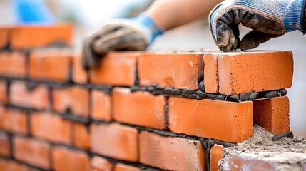 Expert bricklayer methodically placing red bricks with mortar for a new, solid brick wall on a construction site
