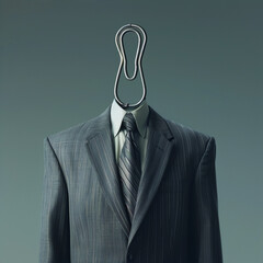 A faceless businessman in a suit and tie with a paperclip for a head on a gray background.
