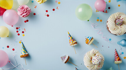 Fototapeta premium Colorful party background with pastel balloons, cupcakes, confetti, and party hats.