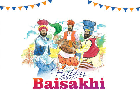 Illustration of Baisakhi or Vaisakhi festival celebration background. Punjabi sikh bhangra dance and harvest festival background.