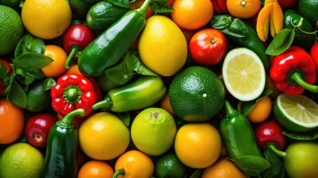 Close up of various citrus fruits with green leaves, creating a fresh and juicy texture with vivid colors