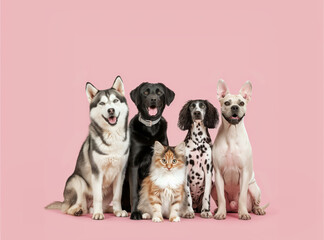 Group of funny animal friends dalmatian, husky, labrador, corgi and ginger cat isolated on pink background with copy space