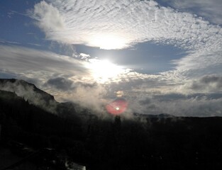 Sunlight, Fog, Mountains