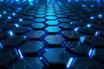 Obraz premium Futuristic hexagon pattern with vibrant blue neon lighting Creating an abstract and dynamic 3d background