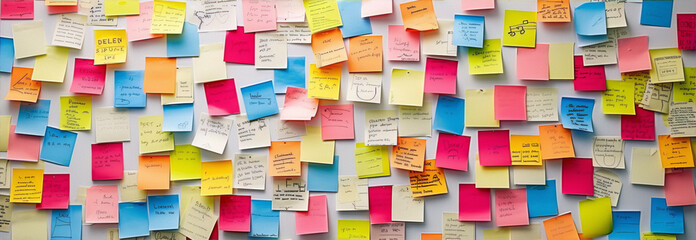 A wall of colorful post-it notes in a variety of colors, conveying a sense of organization, chaos, and creativity.