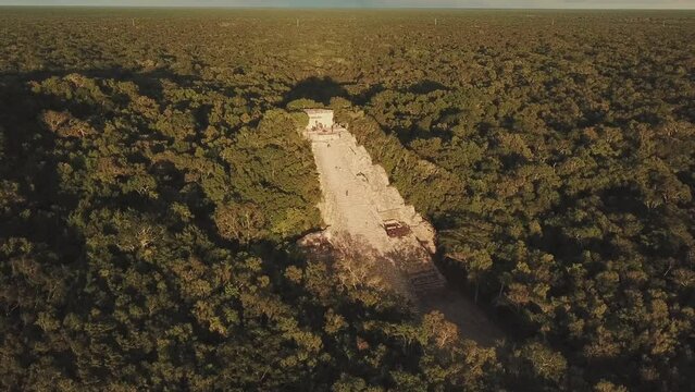 Aerial view of the bigest Mayan pyramid of the caribbean, Nohoch Mul in the Archeological site of Coba, close to Tulum, Riviera Maya, Mexico