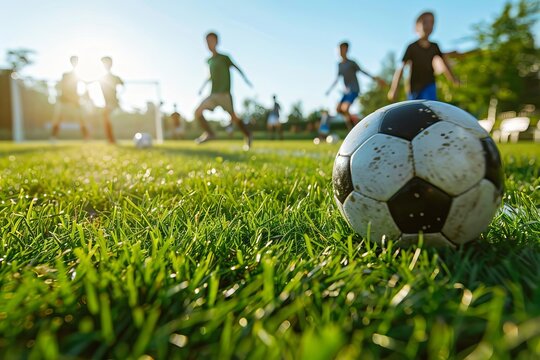 Youth soccer training Capturing the joy and enthusiasm of young players engaging in the sport on a lush green field