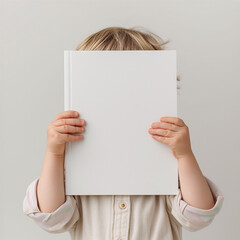 Kid holding a blank book cover in front of his face