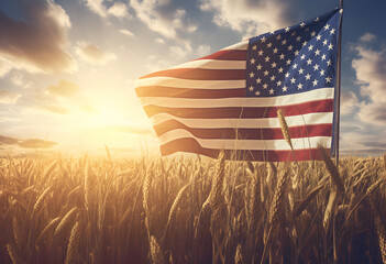wheat rye field, american flag field, sunlit wheat field, golden light streaming, independence day concept, amidst the golden stalks - obrazy, fototapety, plakaty