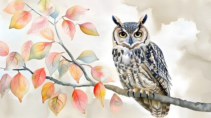 Realistic Watercolor Painting of an Owl on a Branch