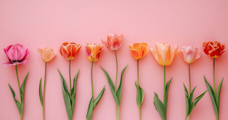 A row of seven tulips of various heights on a pink background.
