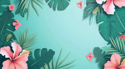 Tropical Floral Frame - Hibiscus and Palm Leaves on Mint Background - Spring Break Party Design - Generative AI