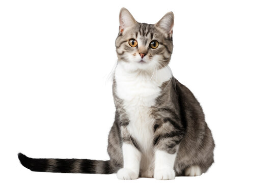 A high quality stock photograph of a grey satisfied cat cute full body isolated on a white background