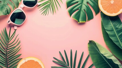 Sunglasses and Tropical Foliage - Summer Fashion and Nature Concept - Pink Background with Copy Space - Generative AI