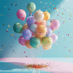 3D illustration of a bunch of pastel-colored balloons with gold confetti against a blue background.