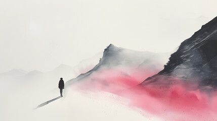 Chinese landscape painting on paper, a tiny beauty walking, pink tone - obrazy, fototapety, plakaty