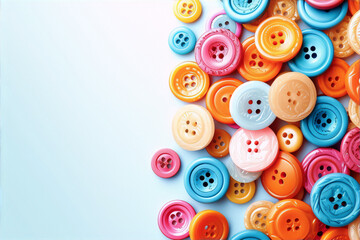 A pile of colorful buttons in pink, blue, orange, and yellow scattered on a blue background. - obrazy, fototapety, plakaty