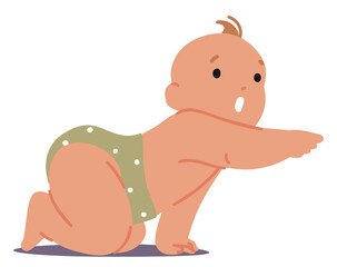 Baby Stands On Knees With Pointing Gesture, Pose Involves Extending One Arm With A Straightened Index Finger