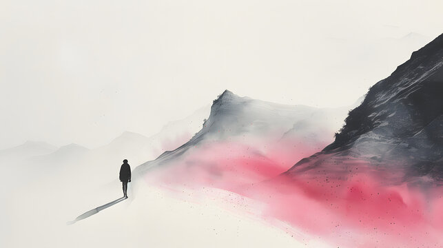 Chinese landscape painting on paper, a tiny beauty walking, pink tone