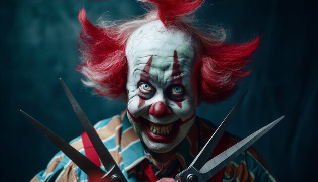 A creepy clown with red hair and white face paint is holding two pairs of scissors.