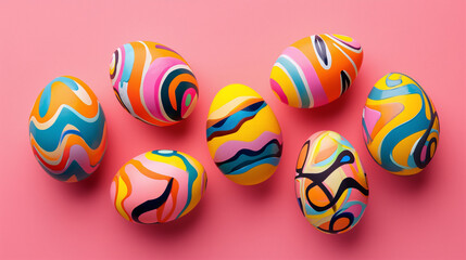 Fototapeta na wymiar Vibrantly colored Easter eggs with intricate patterns on a pink background convey a sense of joy and celebration.