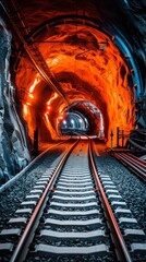 Illuminated railway tunnel with vibrant orange lights