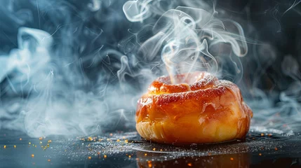 Tuinposter Fresh baked hot buns with smoke. Background concept © PrettyVectors