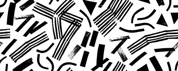 Different geometric shapes and elements seamless banner design. Abstract retro stamps shapes in y2k style.