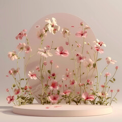 3d scene empty podium with flying flowers, realistic details, pastel colors, marketing concept, product