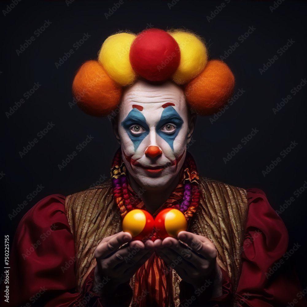 Wall mural a clown with a colorful wig and makeup is holding two red and yellow balls in front of a black backg