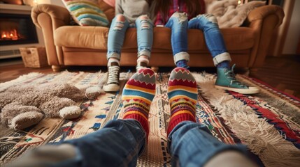 Cozy family time by the fireplace wearing colorful socks