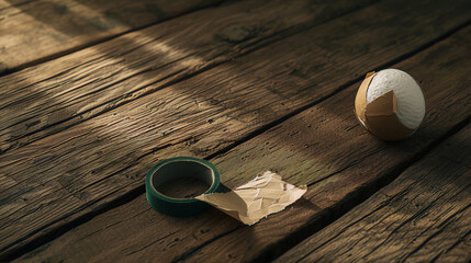 Still life of a roll of green tape and a white crumpled paper ball on a wooden table. - obrazy, fototapety, plakaty