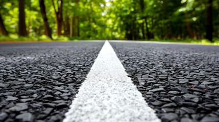 Empty road with white line leading through a green forest