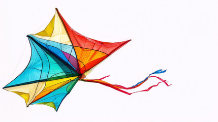 Fototapeta premium A colorful kite is flying high in the sky on a clear day with a white background in the image art category and art style subjects and colors.