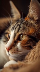 Close-up portrait of a contemplative tabby cat gazing away