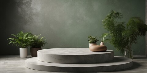 Neutral stone pedestal with greenery background, enhancing product presentation.