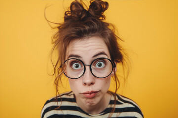Funny cross eyed girl with messy bun hair wearing glasses and striped shirt on yellow background - obrazy, fototapety, plakaty