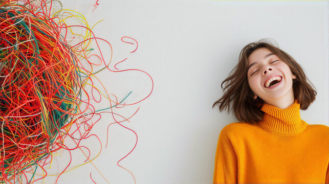 Laughing girl and colorful wires representing mental health awareness in surreal photography