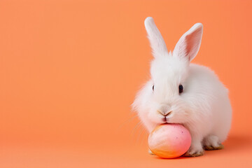 Fototapeta na wymiar Cute white bunny rabbit holding an Easter egg on a peach background