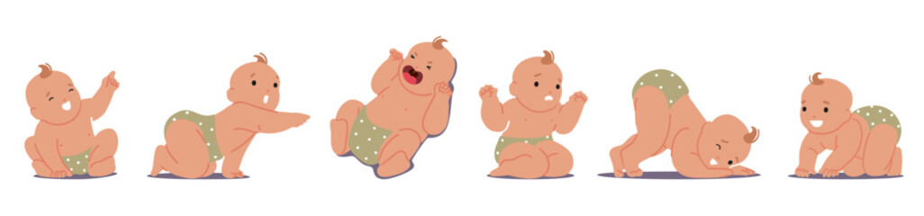 Newborn Baby Different Poses. Little Child Character Pointing Gesture, Yelling Or Crying Lying On Back, Upset Expression