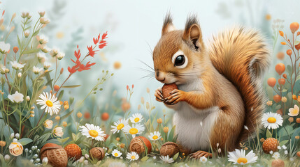 An adorable squirrel surrounded by a colorful flower garden, holding an acorn. This image is perfect for: wildlife, nature, gardens, squirrels, springtime, tranquility.
