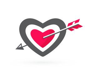 Heart-shaped target pierced with arrow. Lovestruck, vector symbol.